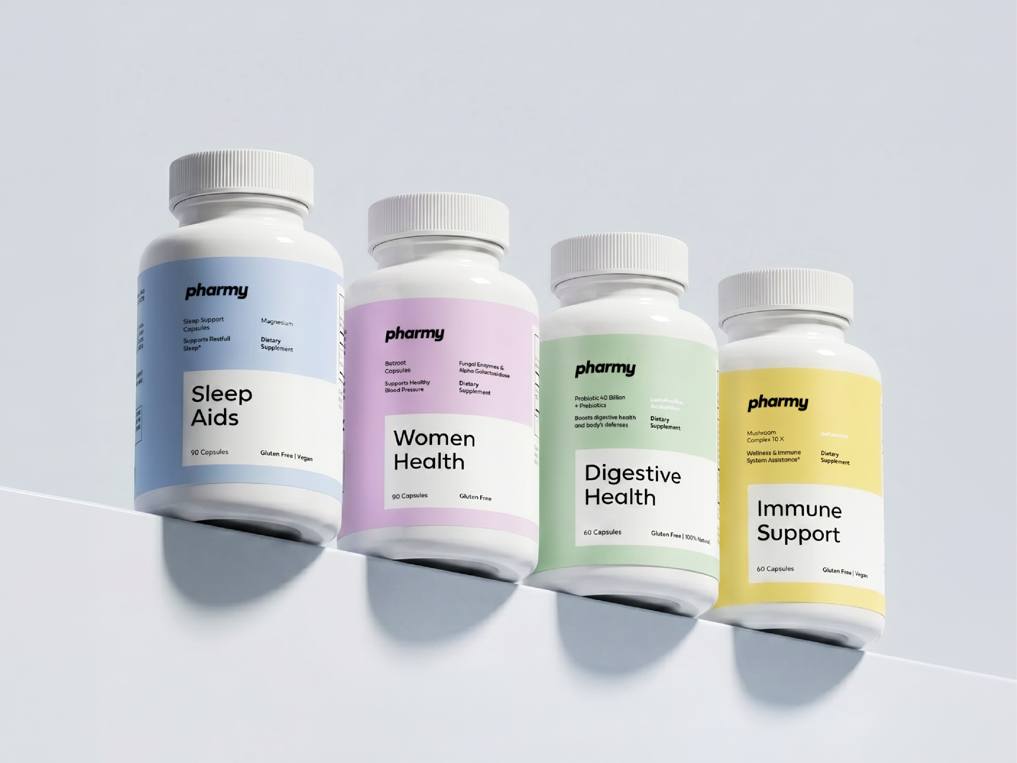 Pharmy supplement bottles arranged in a pastel product lineup.
